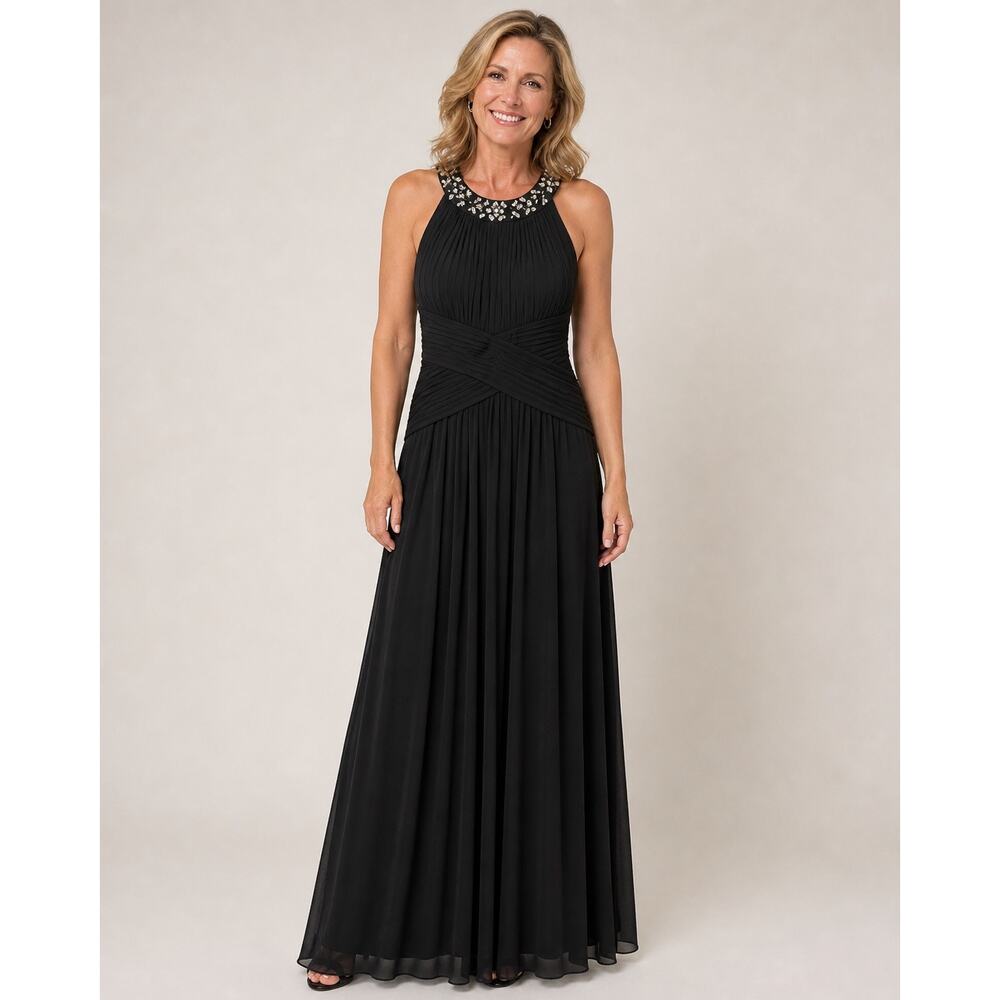 Alex Evenings Embellished Halter neck Maxi Dress 6 Pleated Gray Chiffon Event